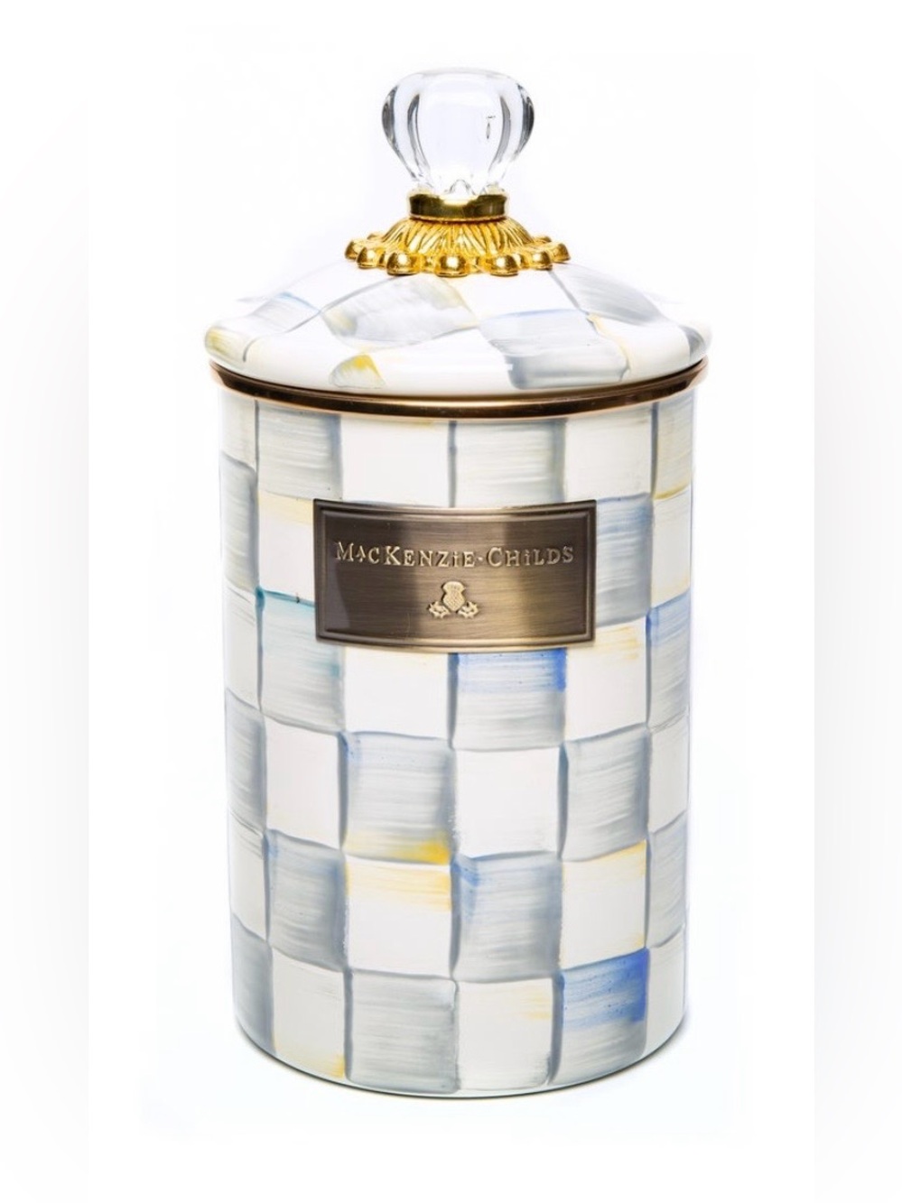 Brand New! Makenzie-Childs Large Canister-Sterling Check